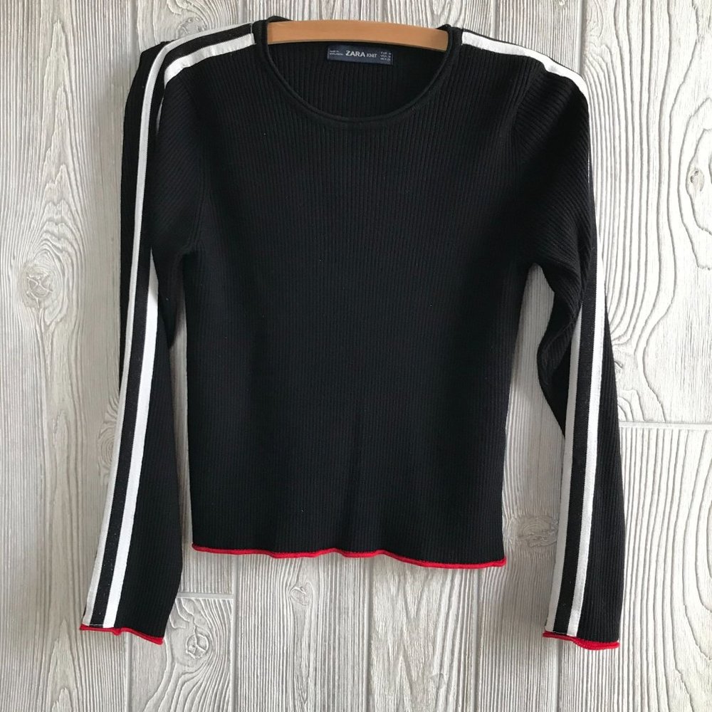 Zara Black Ribbed Knit Long Sleeve Top With Stripes Down Sleeve - M